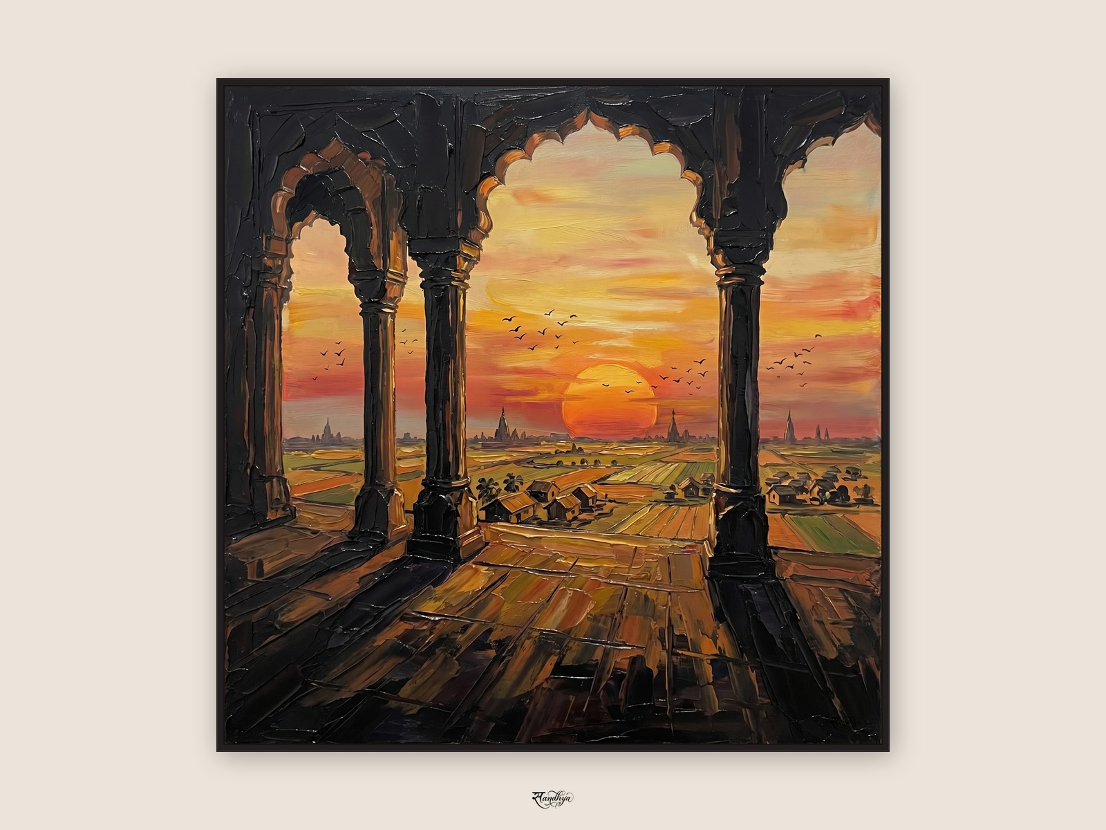 Barsana Sunset Hilltop — palette knife oil painting by Sandhya Kaushik