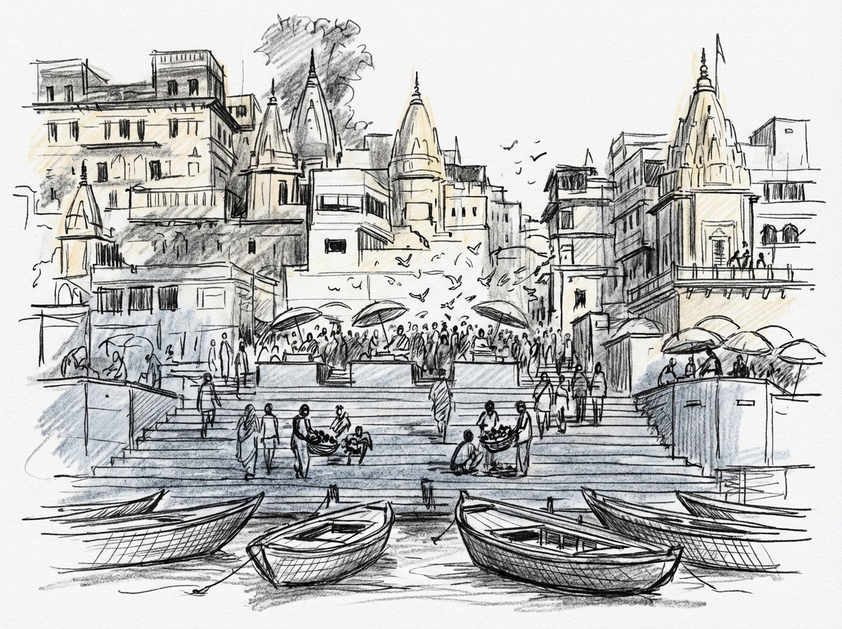 Pencil sketch of Varanasi ghat
